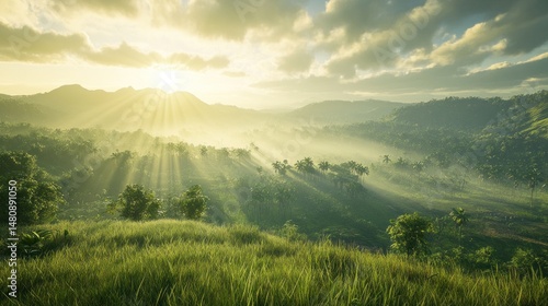 Sunbeams over lush tropical valley at sunrise scenic landscape