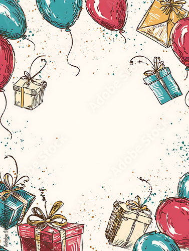 Bright and cheerful birthday background with gifts and balloons, blank space
