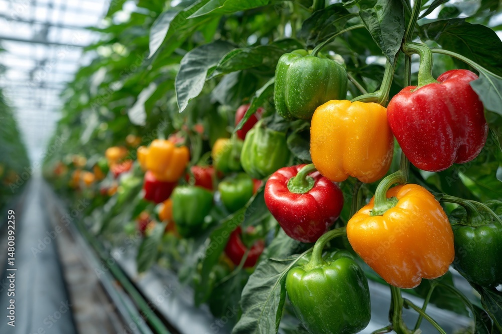 Colorful Bell Peppers Growing in Greenhouse, Fresh Produce of Red, Green, and Yellow Sweet Peppers on Plants Colorful Bell Peppers Growing in Greenhouse, Fresh Produce of Red, Green, and Yellow Sweet Peppers on Plants