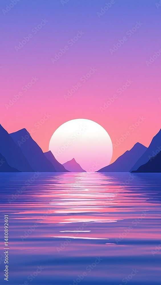 Fototapeta premium Serene digital illustration of a sunset over a tranquil lake with reflective water