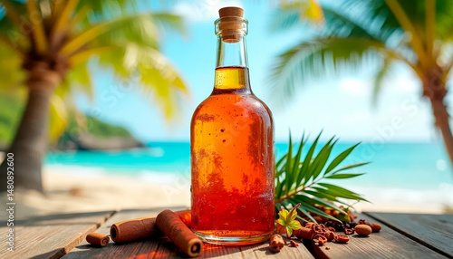 Traditional Dominican Mamajuana drink in a rustic glass bottle with exotic herbs and spices, tropical beach background