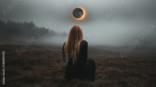 Woman contemplating annular solar eclipse in foggy field