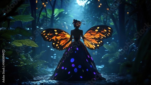 Ethereal woman with butterfly wings in moonlit forest fantasy art