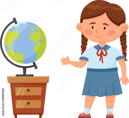 Schoolgirl in uniform with braids and a red ribbon, proudly displaying an earth globe while standing on a wooden school drawer during an engaging geography lesson for children