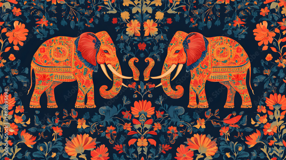 Fototapeta premium Colorful patterned elephants entwine their trunks in a vibrant floral design, showcasing intricate details and rich colors.
