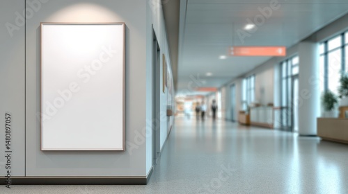 A stunning image of stunning image of mockup poster on wall in hospital corridor. Empty white A4 paper for text, ad, presentation, advertising, marketing. Medical center clinic.