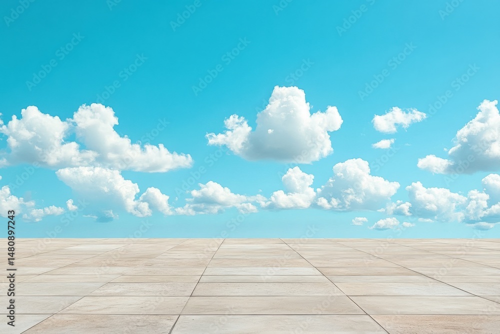 Bright blue sky with fluffy clouds over a sunlit empty terrace during daytime Bright blue sky with fluffy clouds over a sunlit empty terrace during daytime