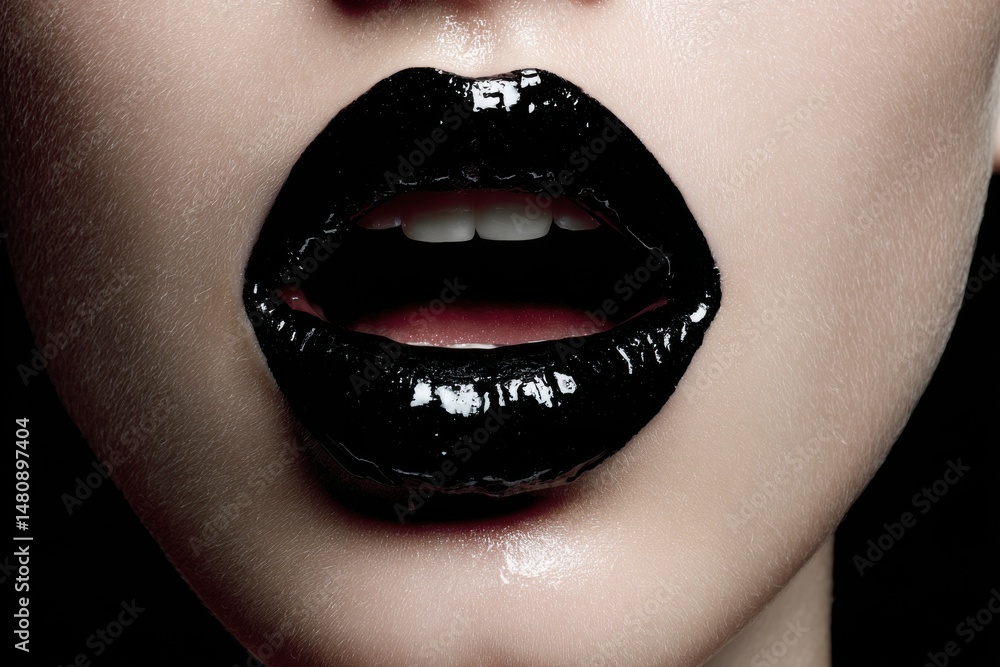 Obraz premium Close-up shot showcasing a woman's luscious lips adorned with a high-gloss black lipstick, open slightly revealing her teeth, with a dramatic, edgy look
