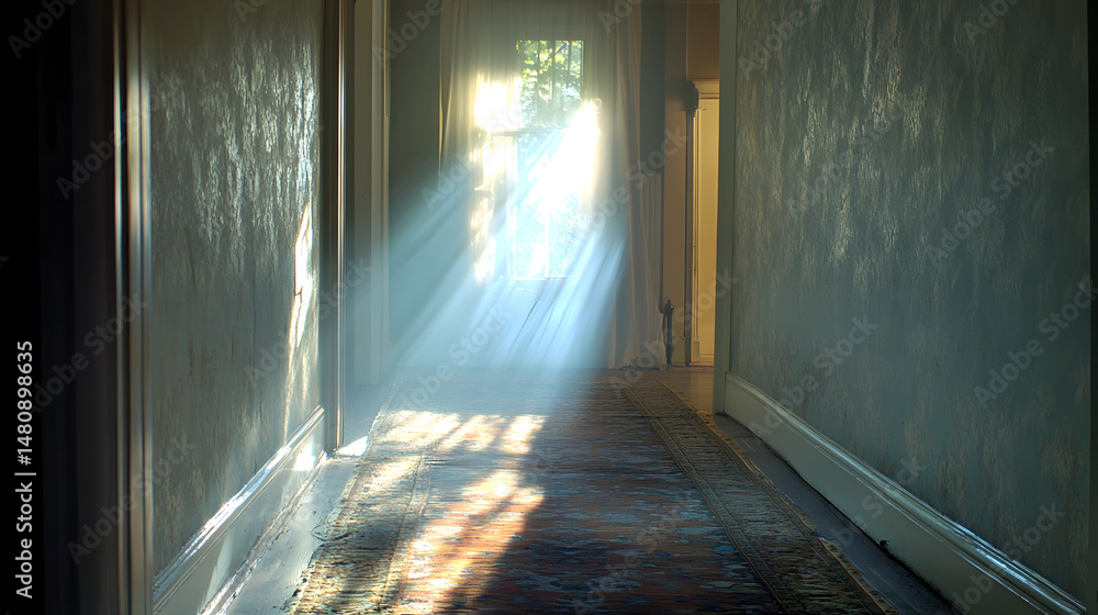 Obraz premium Sunlight streams through a hallway, illuminating dust particles in the air, creating a serene and peaceful atmosphere.
