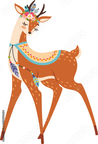 Adorable boho deer wearing a poncho with ethnic patterns and a colorful feather headdress, perfect for children book illustrations, nursery decorations, apparel prints, or greeting cards
