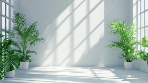 Sunlit minimalist room with potted plants green foliage bright interior white background home decor clean design