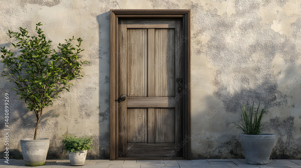 A rustic wooden door stands against a textured wall, framed by potted plants, creating a serene and inviting atmosphere. A rustic wooden door stands against a textured wall, framed by potted plants, creating a serene and inviting atmosphere.