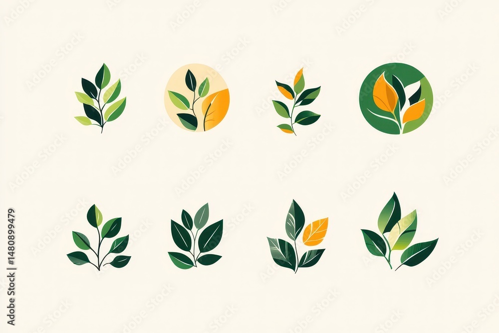 Fototapeta premium Eco-Friendly Leaf Renewal Emblems. Nature-Inspired Designs for Wellness and Sustainability