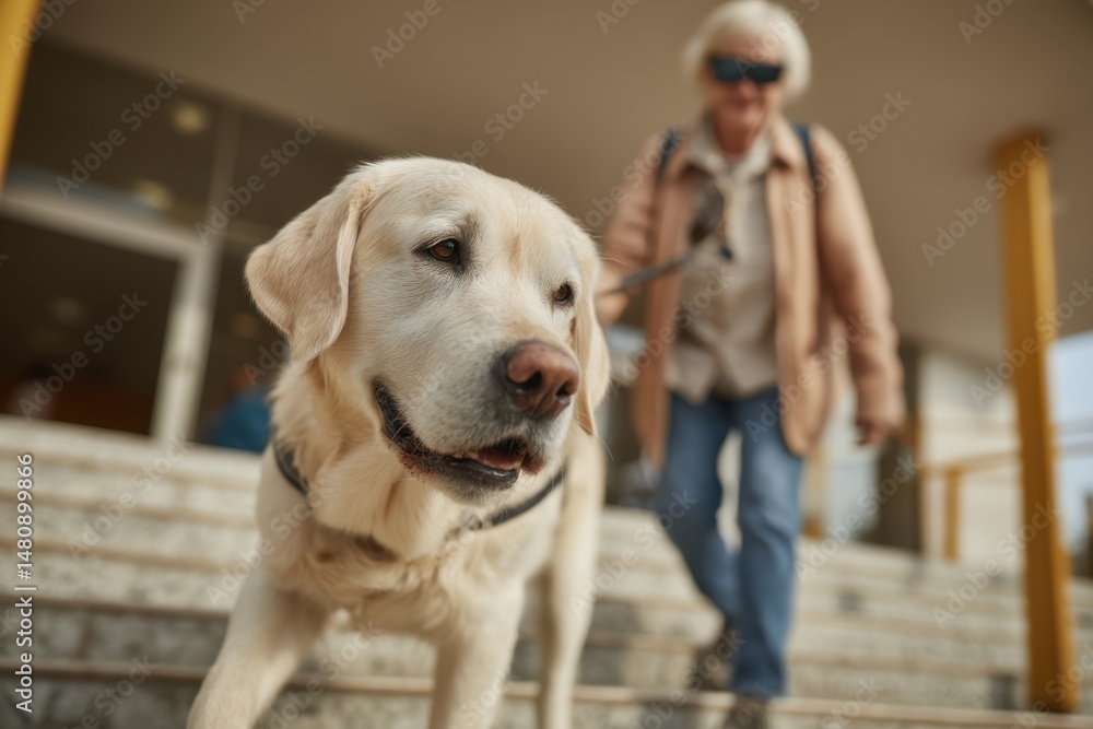 Golden Retriever walks with a senior woman wearing sunglasses down the steps. The dog is helping guide the woman due to her visual impairment, making her feel independent. Golden Retriever walks with a senior woman wearing sunglasses down the steps. The dog is helping guide the woman due to her visual impairment, making her feel independent.