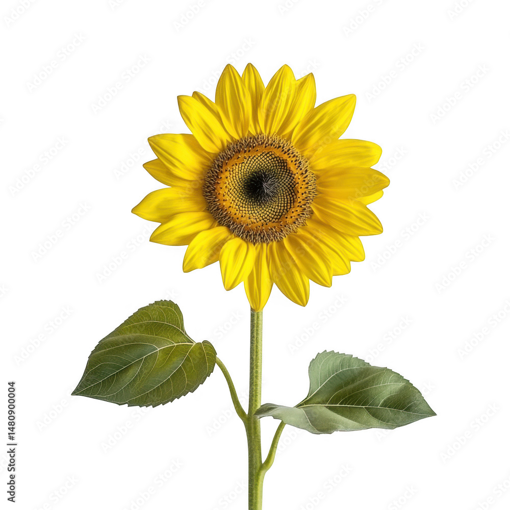Fototapeta premium Bright sunflower with leaves isolated on transparent background