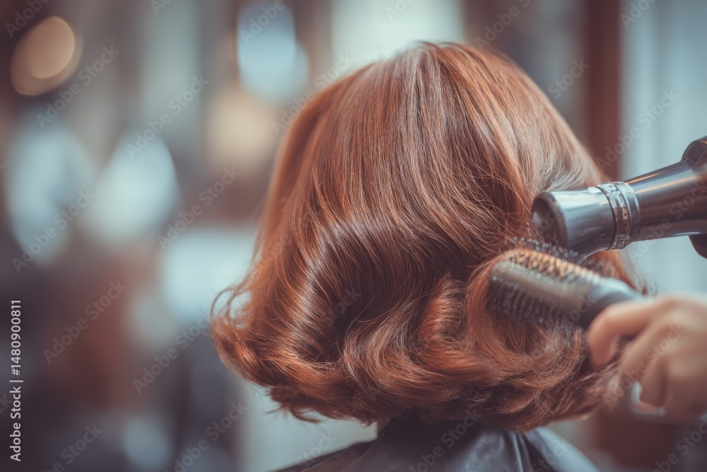 Fototapeta premium A close-up shot of a woman's auburn hair being styled with a round brush and blow dryer, showing smooth, shiny, and healthy looking curls and waves.