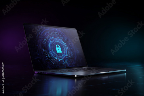 Wallpaper Mural Laptop display shows a blue padlock inside a digital circle, symbolizing online security and data protection, perfect for technology or cybersecurity concepts Torontodigital.ca