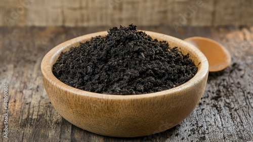 Dark brown soil in wooden bowl coarse texture agriculture gardening