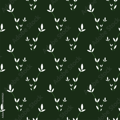 Seamless pattern with white leafy branches in flat style on dark green background. Perfect for kids and adults fabric, notebooks, stationery, and nature-inspired product designs.