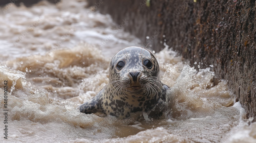Obraz premium Harbor seal emerging from water