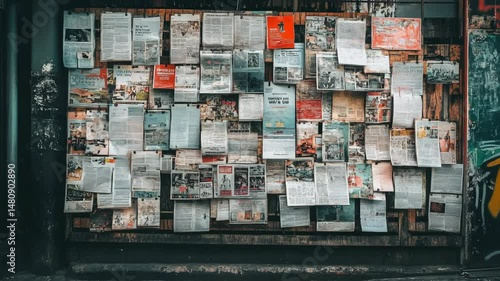 Wallpaper Mural A weathered bulletin board covered in flyers, posters, and vintage newspapers. Torontodigital.ca