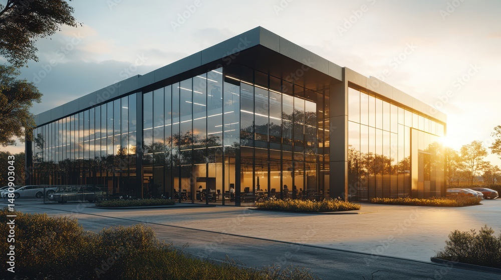 Obraz premium Transparent solar windows on a sleek office tower, surrounded by urban planning, photorealistic architecture, soft daylight, wide-angle view.