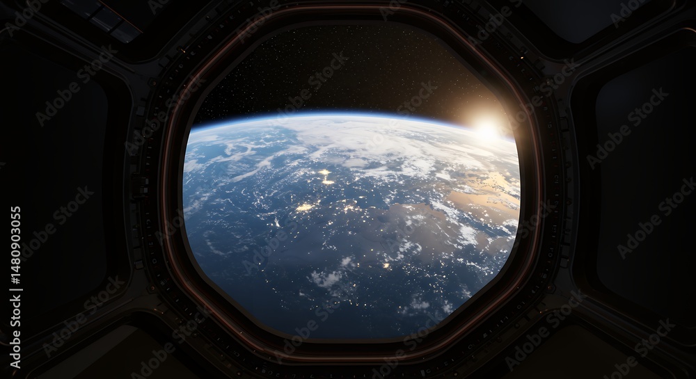Earth View from Spacecraft Window at Sunrise with City Lights Earth View from Spacecraft Window at Sunrise with City Lights