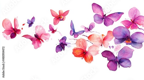 Graceful Watercolor Butterflies in Shades of Pink and Purple on a Pure White Background