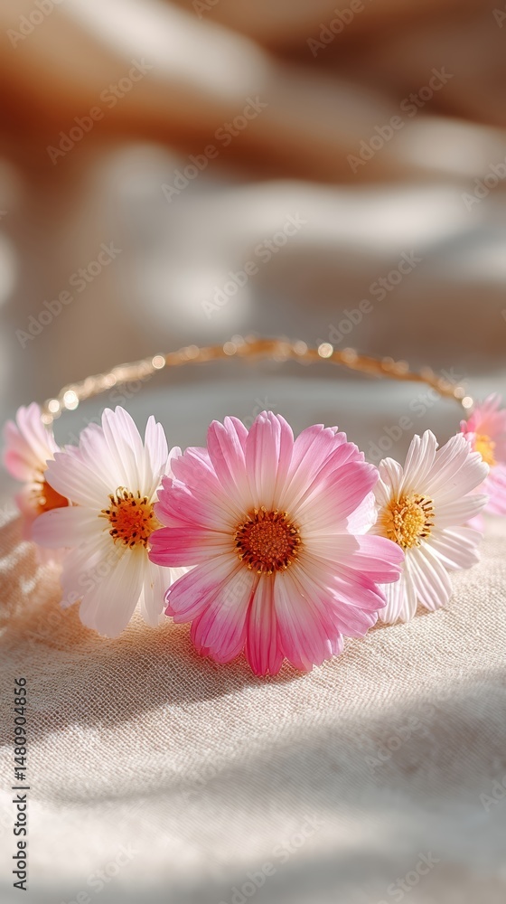 Freshly Made Flower Lei Resting on Neutral Linen With Soft Focus and Natural Textures Freshly Made Flower Lei Resting on Neutral Linen With Soft Focus and Natural Textures