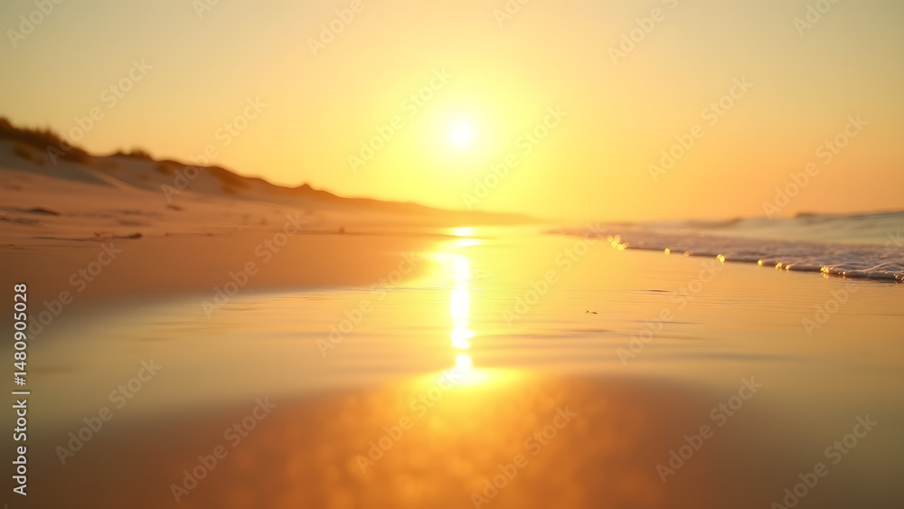 Fototapeta premium Golden sunrise on beach, glowing amber sand with mirror-like wet reflections, peaceful morning coastal scene.