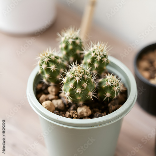 Drying cactus in a plastic pot closeup