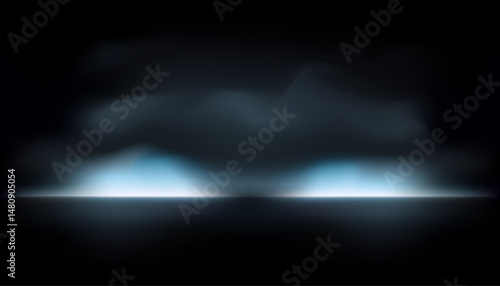 Dark studio room with neon background or white spotlights reflecting smoke or fog. Empty space for cars or display of cutting-edge technology products.