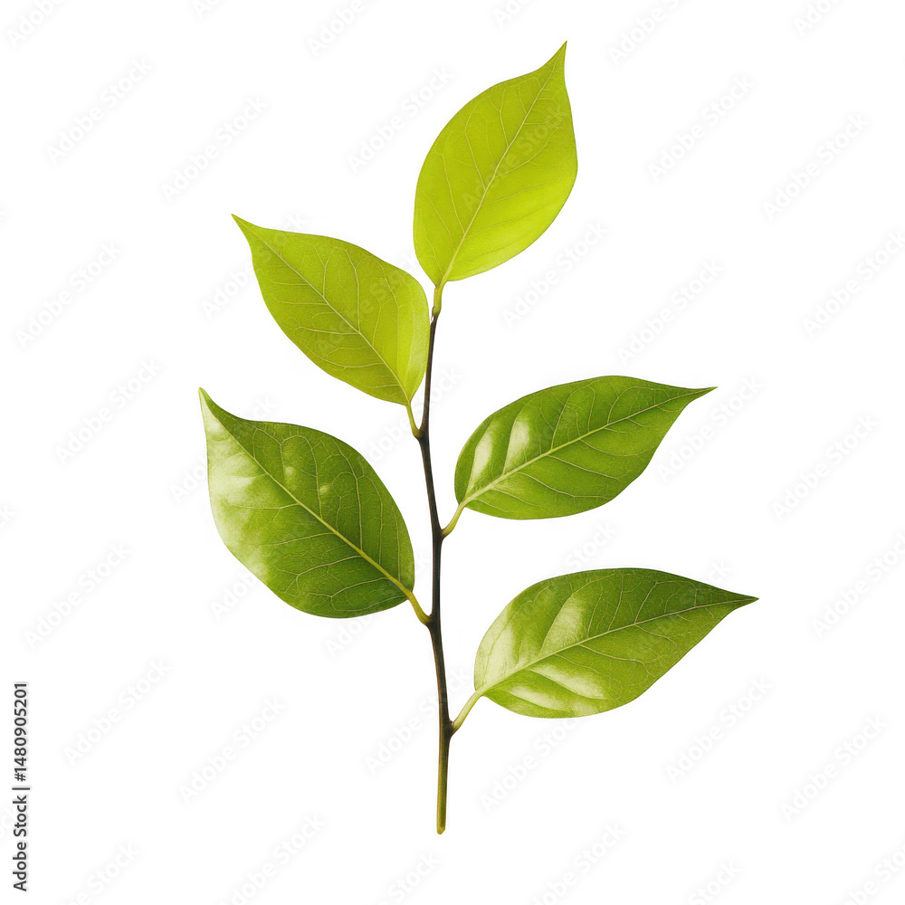 Naklejka premium Green leaves on stem, close up, isolated on transparent background