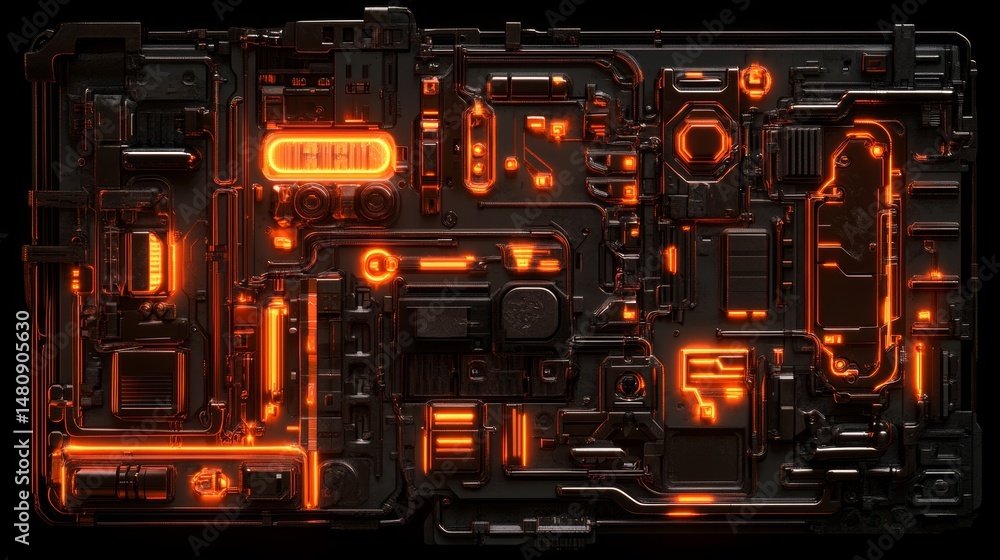 Obraz premium The image depicts a futuristic machine in detail, situated within a 3D illustration of a futuristic wall that features an array of details under the glow of orange neon lights, characteristic of a