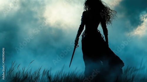 Silhouette of female warrior with sword in misty field at dusk