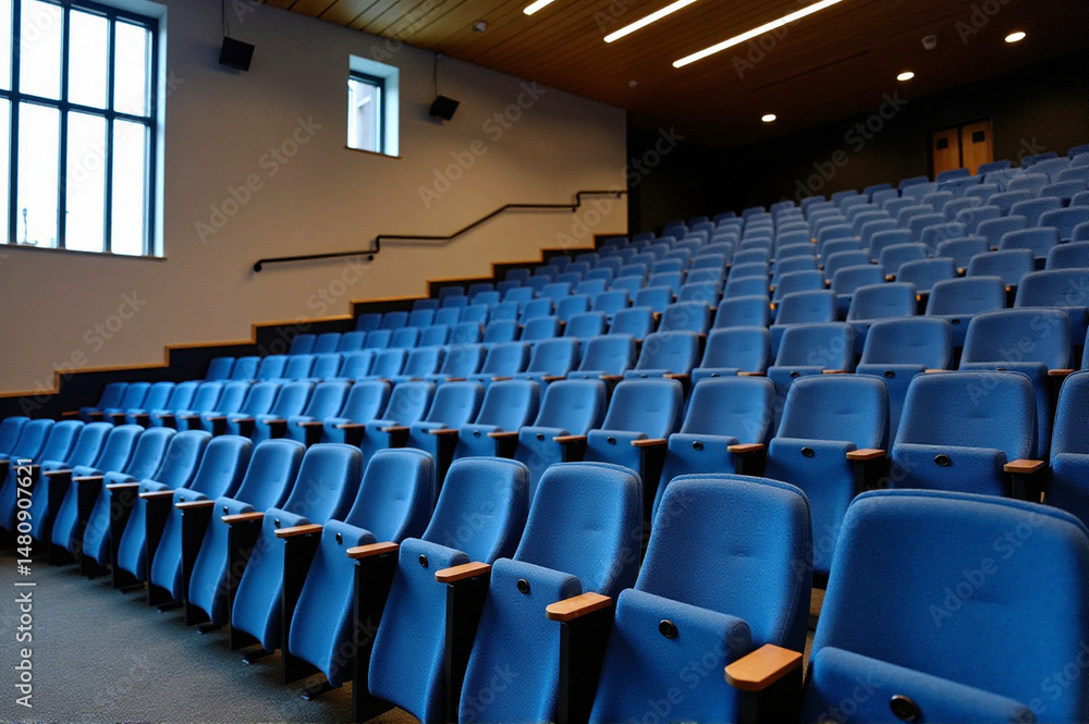 Naklejka premium Large auditorium with rows of blue seats.
