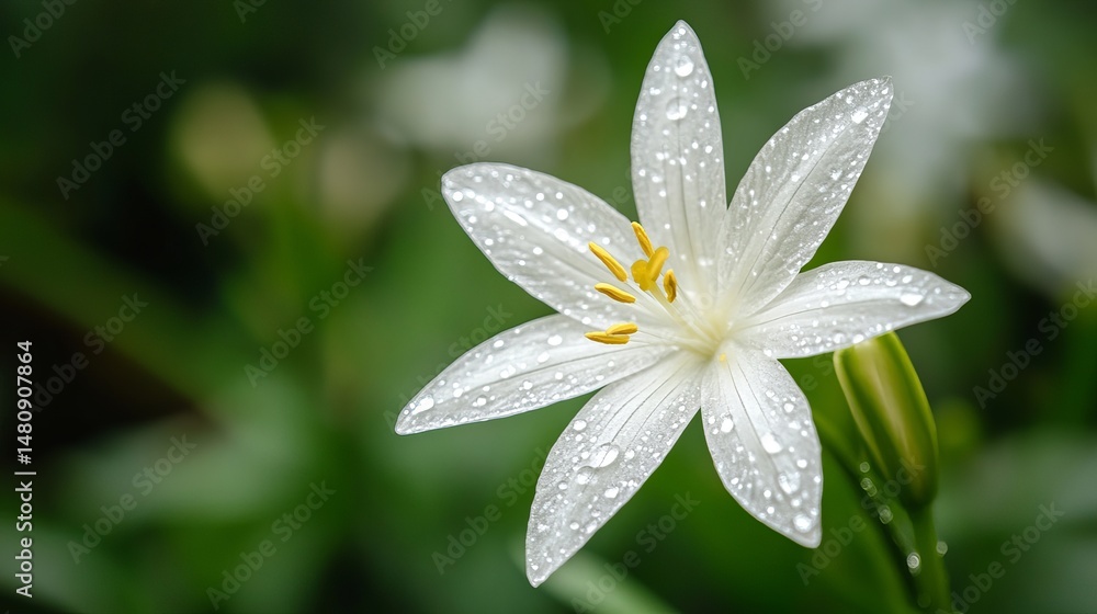 Fototapeta premium Beautiful White Flower Dew Drops Macro Photography Nature Spring Blossom Floral Image Fresh Elegant Botanical Garden White Lily Water Droplets Pure soft plant 