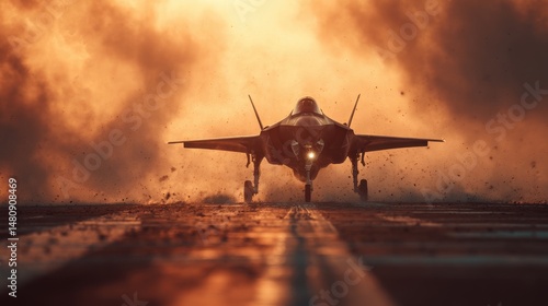 Wallpaper Mural A stunning image of low angle view of an F-35 Lightning II jet taking off from a runway at sunset, with the aircraft kicking up dust and debris behind it. Torontodigital.ca