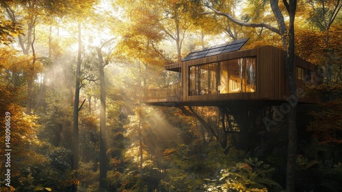 Sustainable treehouse with solar panels and rainwater harvesting, in the context of eco-forest living, soft dappled sunlight, warm yellows and greens, embedded in natural surroundings