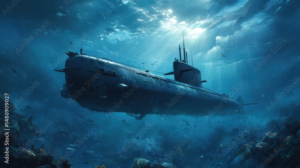 A stunning image of striking underwater view of a submarine navigating the deep ocean, showcasing the serene beauty and mystery of the aquatic world. A stunning image of striking underwater view of a submarine navigating the deep ocean, showcasing the serene beauty and mystery of the aquatic world.