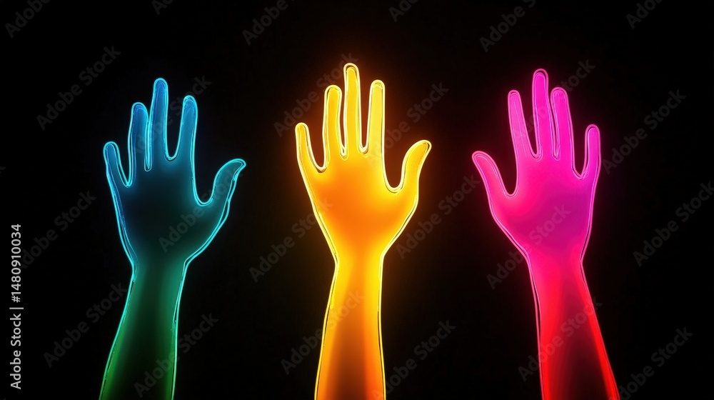 Vibrant Hands in Neon Colors Against a Dark Background Vibrant Hands in Neon Colors Against a Dark Background