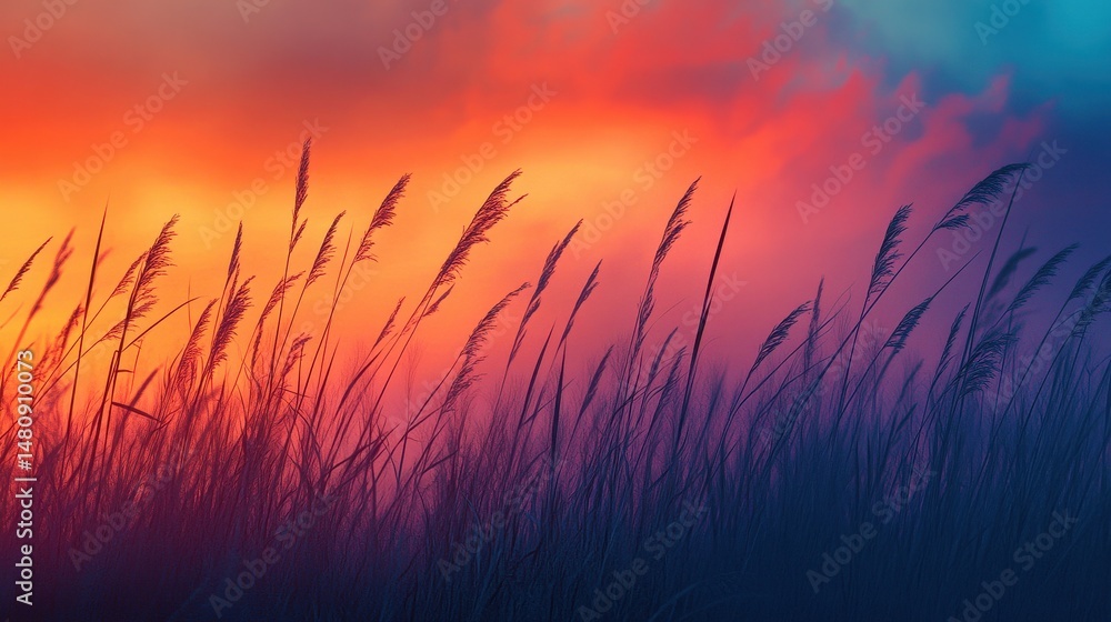 Fototapeta premium Wind farm at sunrise with tall grasses, in the context of renewable landscape energy, soft orange-pink skies, silhouettes of turbines, early golden light