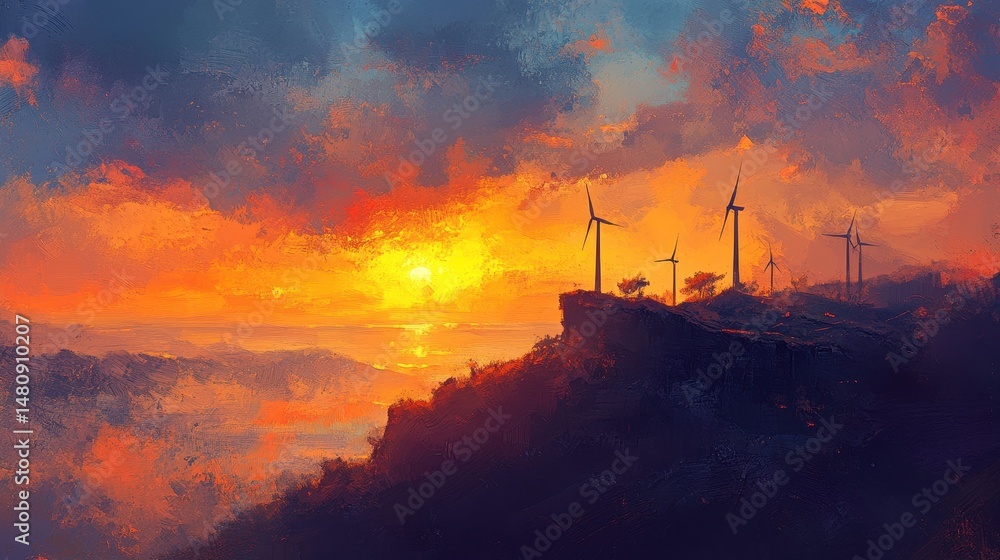 Wind farm on hill at sunset with turning turbines, in the context of clean wind energy production, golden sky, warm oranges, deep blues, soft scenic tones Wind farm on hill at sunset with turning turbines, in the context of clean wind energy production, golden sky, warm oranges, deep blues, soft scenic tones
