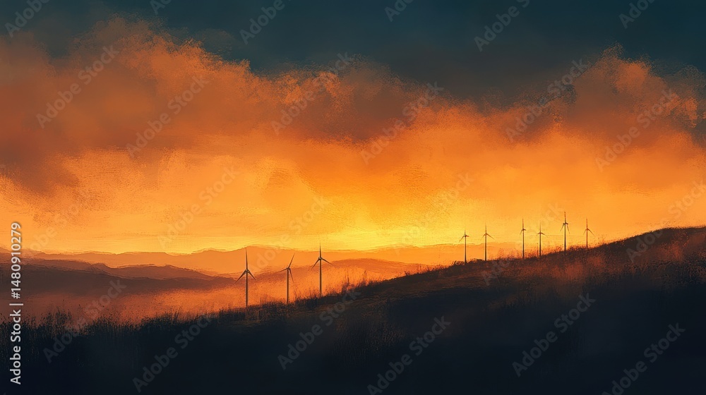 Fototapeta premium Wind farm on hill at sunset with turning turbines, in the context of clean wind energy production, golden sky, warm oranges, deep blues, soft scenic tones