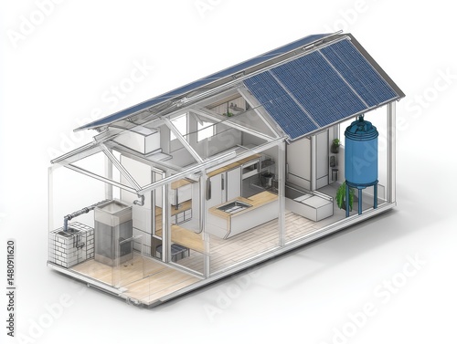 Wallpaper Mural Technical schematic of a net-zero tiny home showing battery wall, solar panels, rainwater tank, and composting toilet in the context of sustainable development Torontodigital.ca