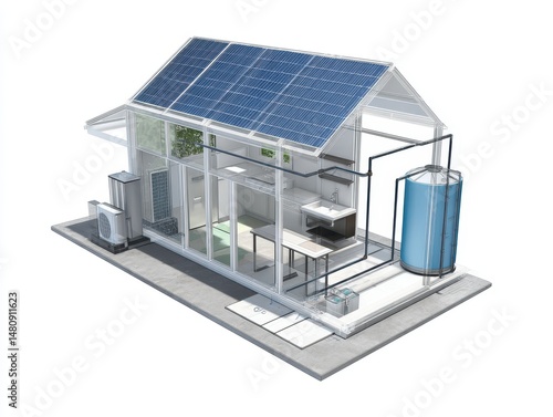 Wallpaper Mural Technical schematic of a net-zero tiny home showing battery wall, solar panels, rainwater tank, and composting toilet in the context of sustainable development Torontodigital.ca
