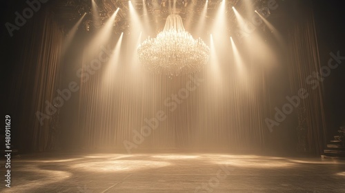 Crystal chandelier illuminated on dark stage hazy atmosphere warm light