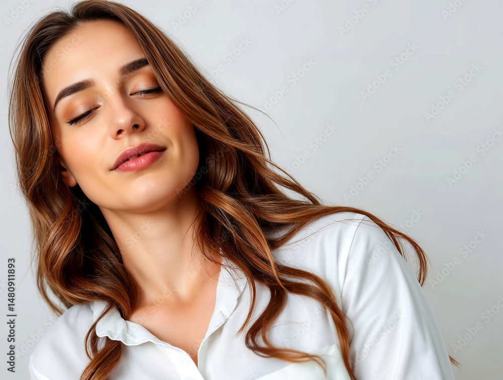 a young woman with long wavy hair wearing a white sleep mask and a white button-up shirt,,A smiling brunette businesswoman in a shirt exudes natural beauty and sensuality in a studio a young woman with long wavy hair wearing a white sleep mask and a white button-up shirt,,A smiling brunette businesswoman in a shirt exudes natural beauty and sensuality in a studio