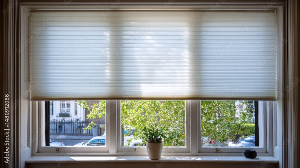 Fototapeta premium A stunning image of extra large pleated blinds in white, featuring a 50mm fold, showcased in the window opening. Contemporary top down bottom up privacy shades for apartment.
