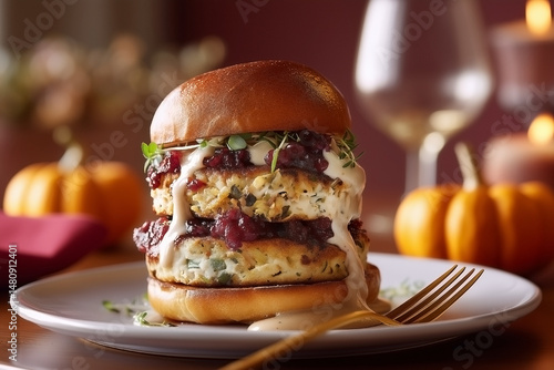 Layered vegetarian Thanksgiving burger with stuffing patties, cranberry sauce and gravy, festive indoor dining setting with pumpkins, ideal for holiday menus and food campaigns
